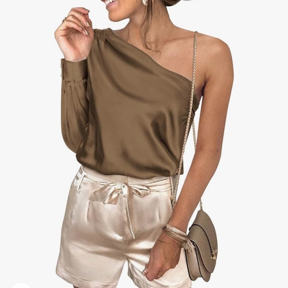 Satin Sexy Draped One Shoulder Puff Long Sleeve Thong Bodysuit